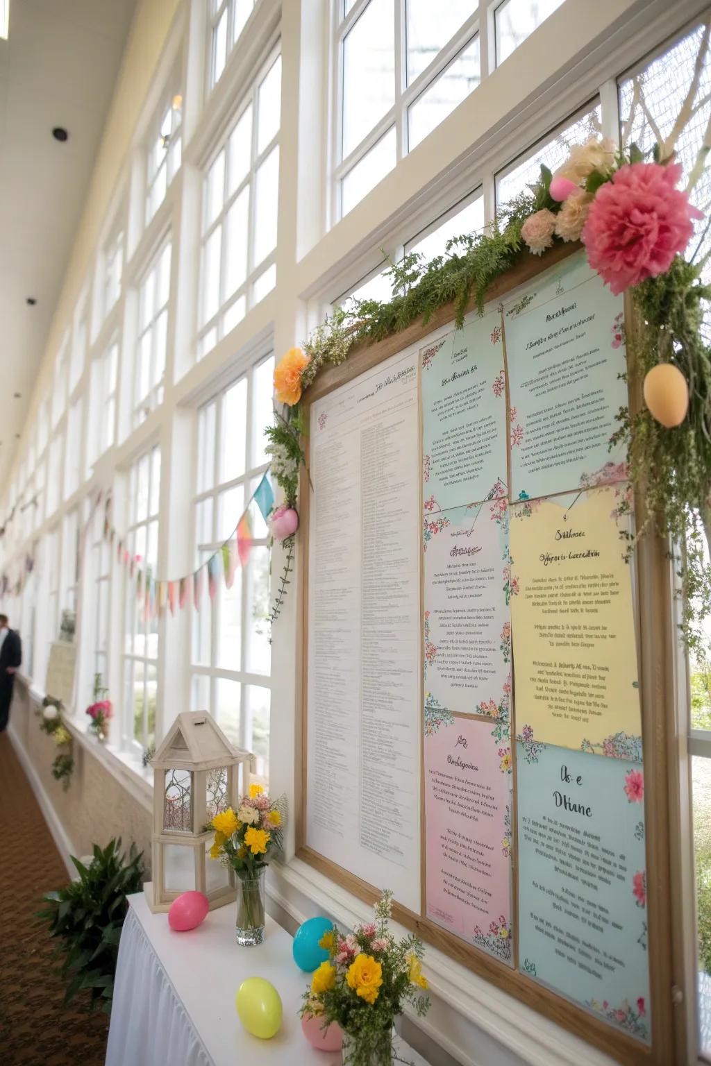 A bulletin board with seasonal scripture and spring decorations.