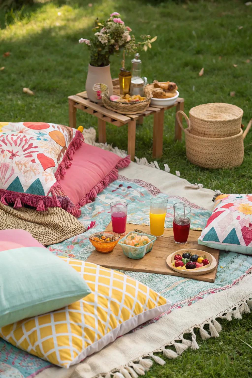 A cozy picnic setup invites guests to relax and enjoy.