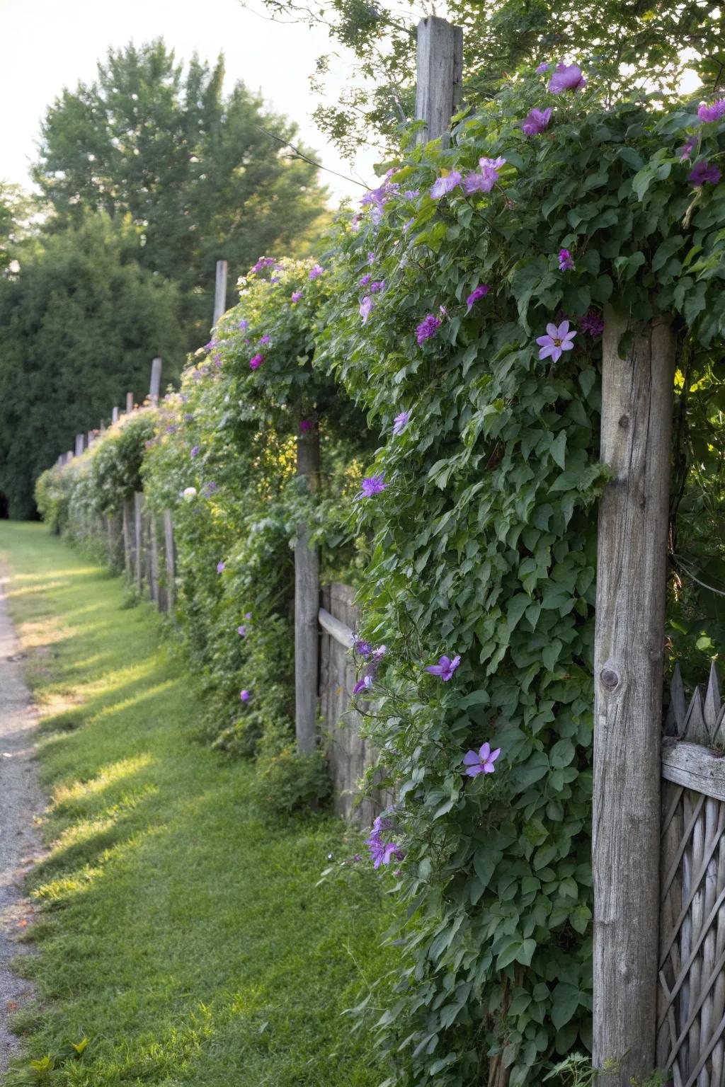 A living fence trellis integrates clematis into a functional garden boundary.