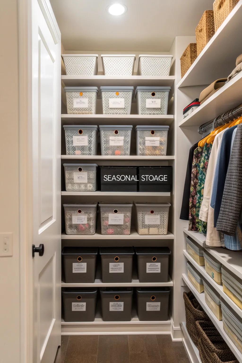 Bins keep off-season items neatly tucked away.