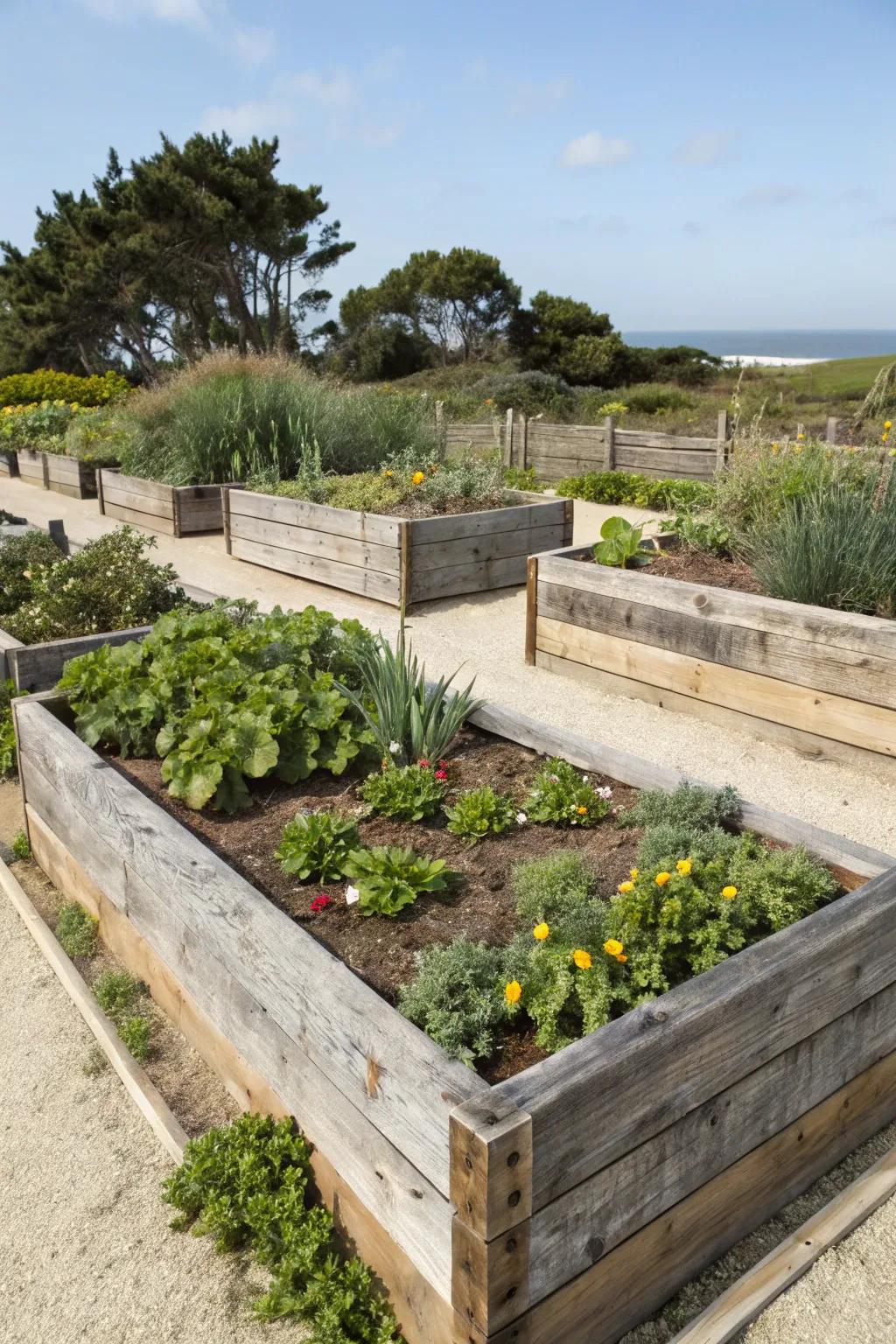 Raised garden beds offer organization and style in coastal gardens.