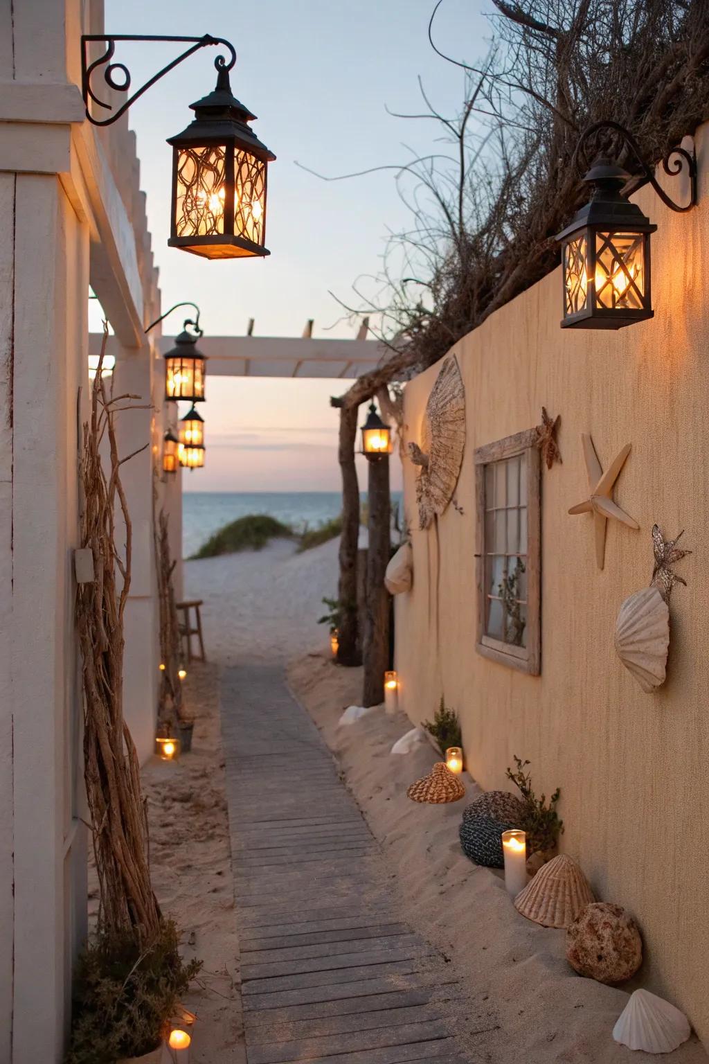 Beach lanterns create a welcoming coastal ambiance.