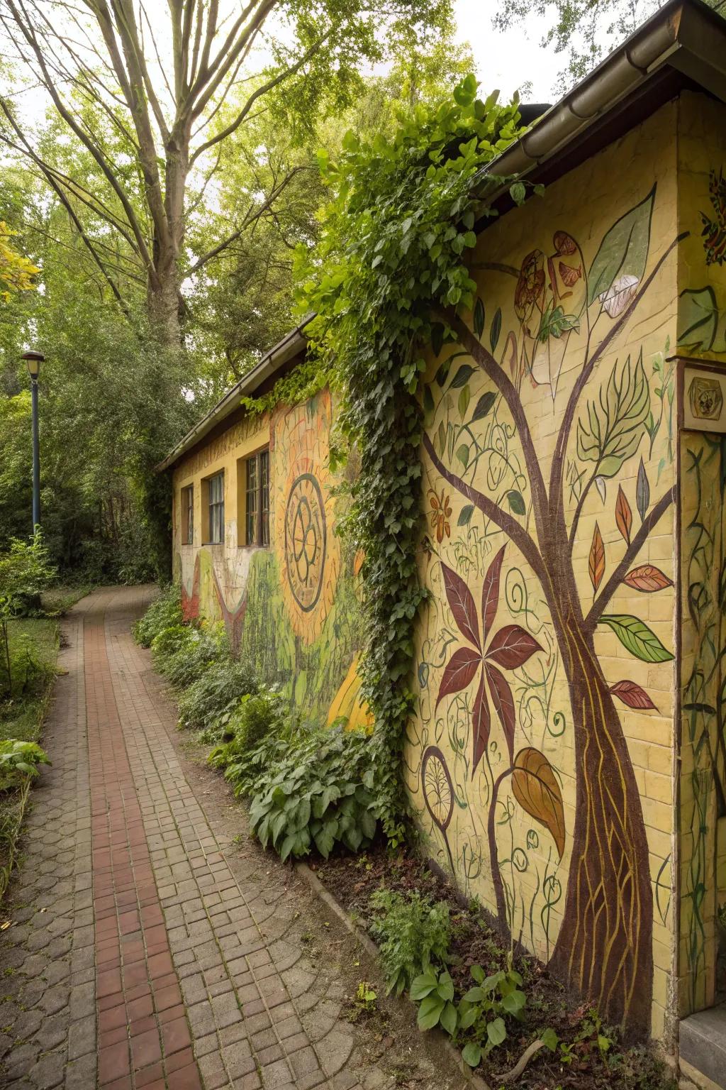 A garden room wall featuring nature-inspired graffiti with earthy tones.
