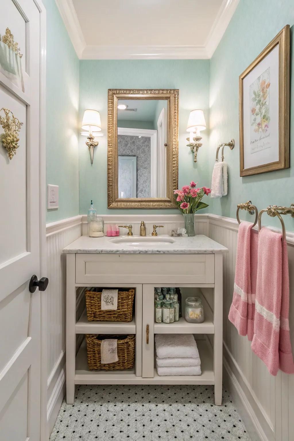 A compact powder room with clever use of color and decoration.
