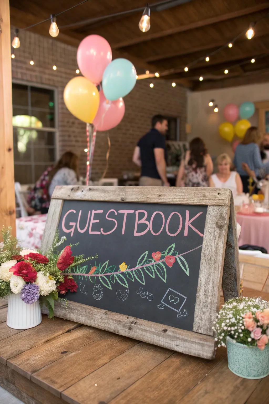 A chalkboard guestbook capturing heartfelt messages from guests.