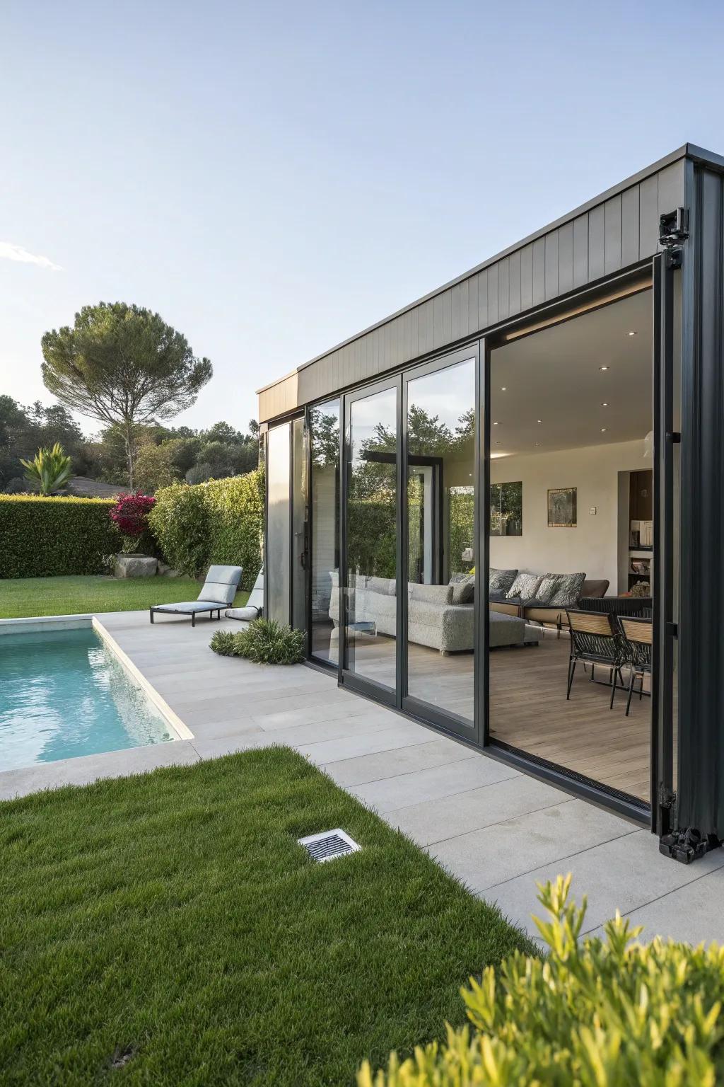 A sleek pool house crafted from a shipping container.