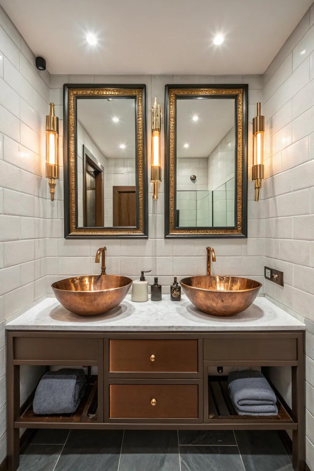 Symmetry and balance reign in this bathroom, centered around a striking copper sink.
