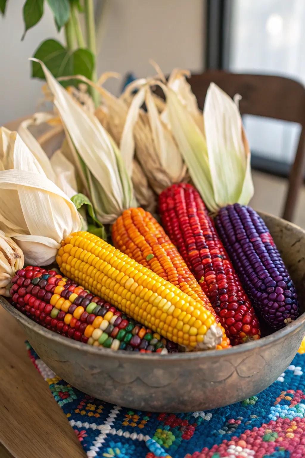 Colorful dyed corn husks for a vibrant fall display.