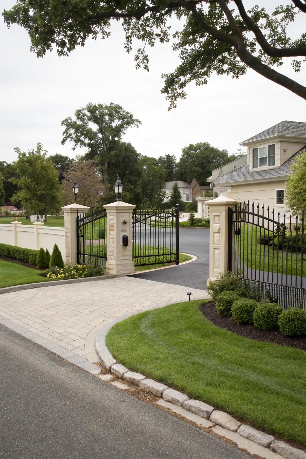 Elegant fencing and gates adding style to the driveway.