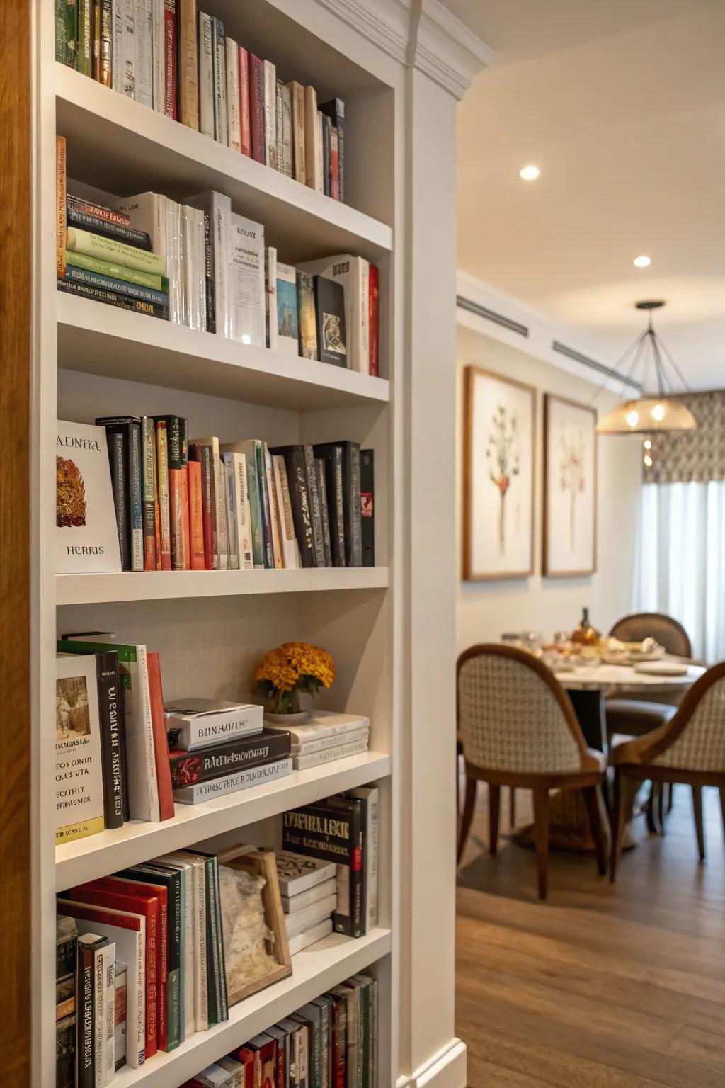 A mini library adds charm and interest to your dining room.