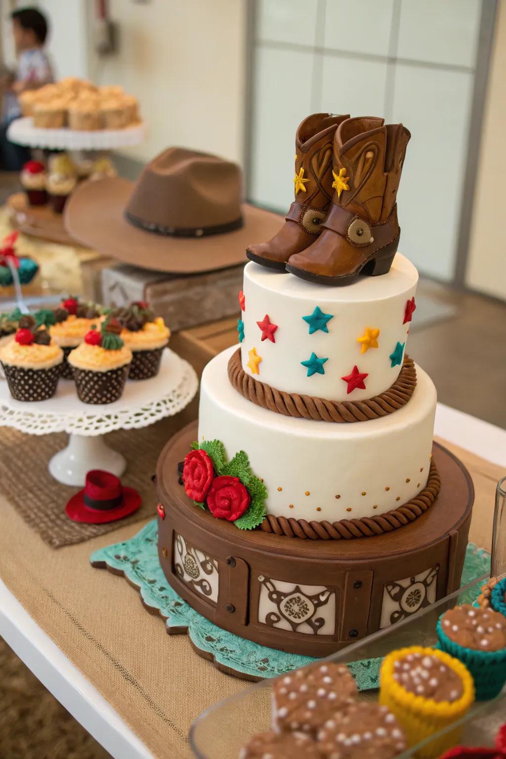 Delight your guests with a cowboy-themed cake centerpiece.