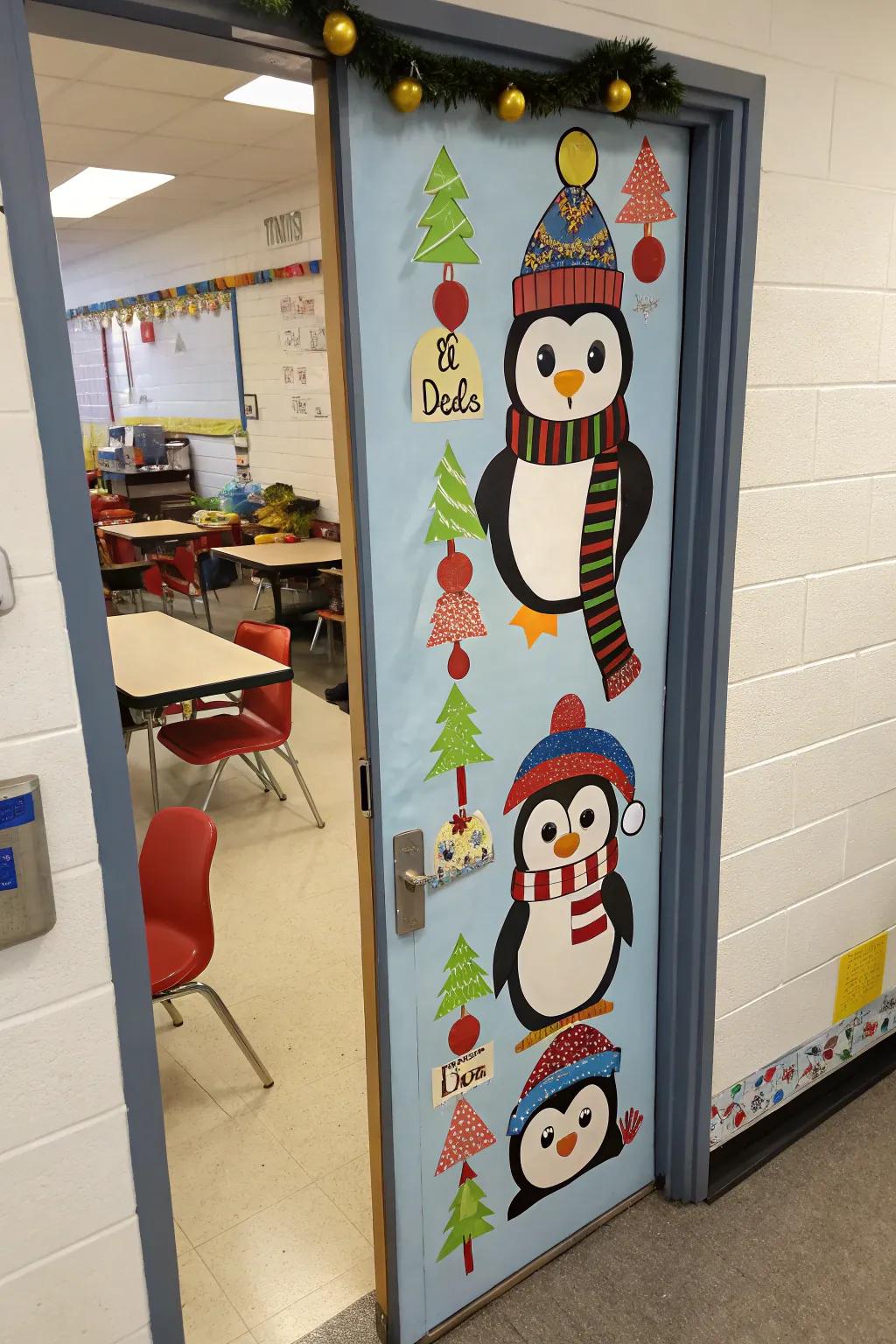 A classroom door with a delightful parade of penguins, each uniquely decorated.