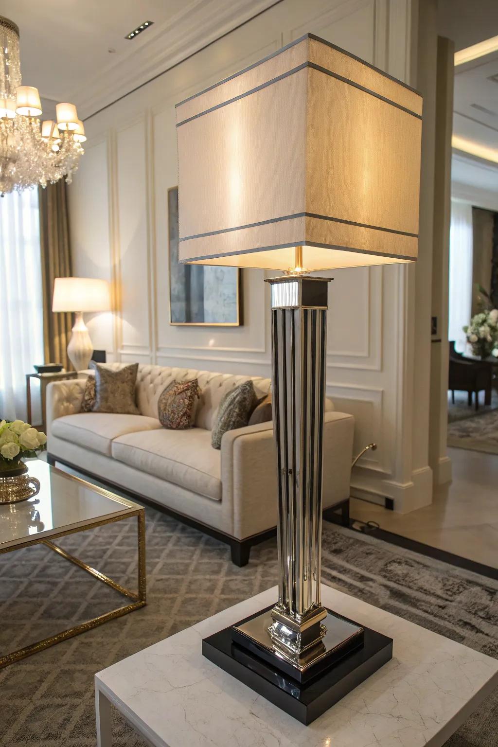 A functional art lamp serving as a decorative piece in a living room.