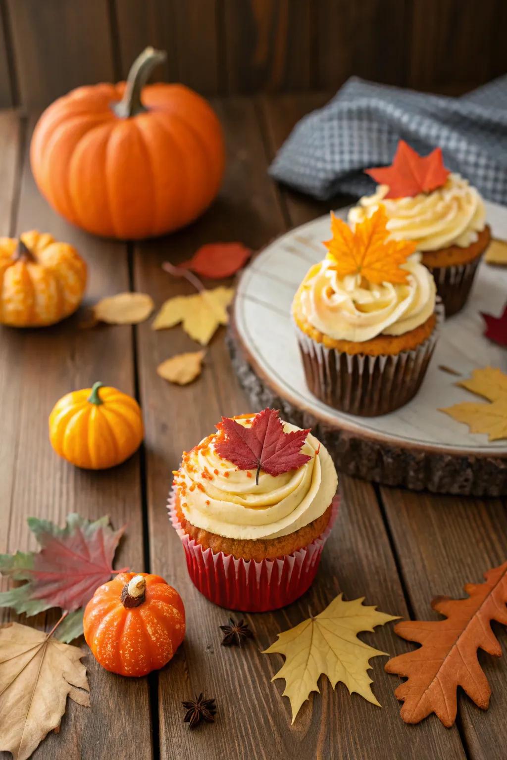 Seasonal accents bring a festive touch to the cupcake presentation.