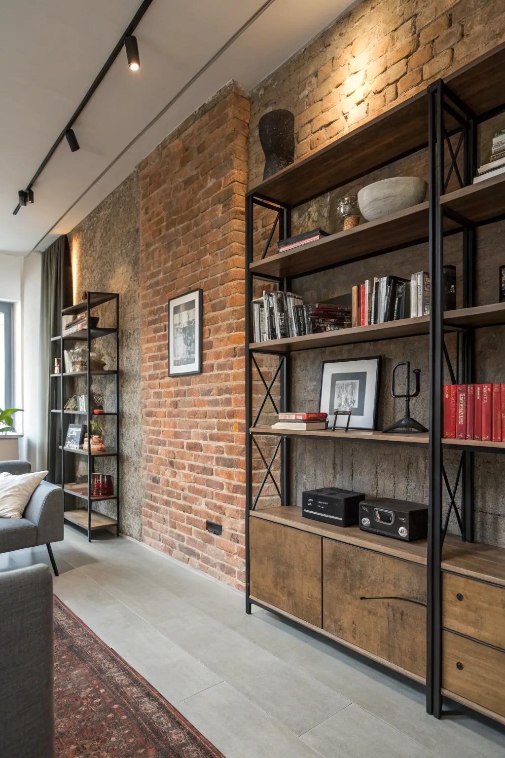 Industrial-style shelving adding character and storage to the room