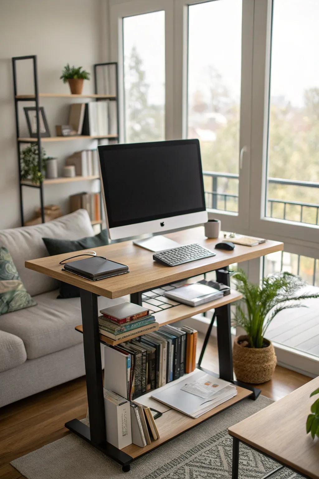 A modern standing desk setup in a home office.