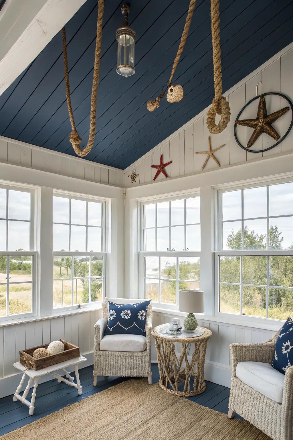 Coastal vibes with a dark blue ceiling.