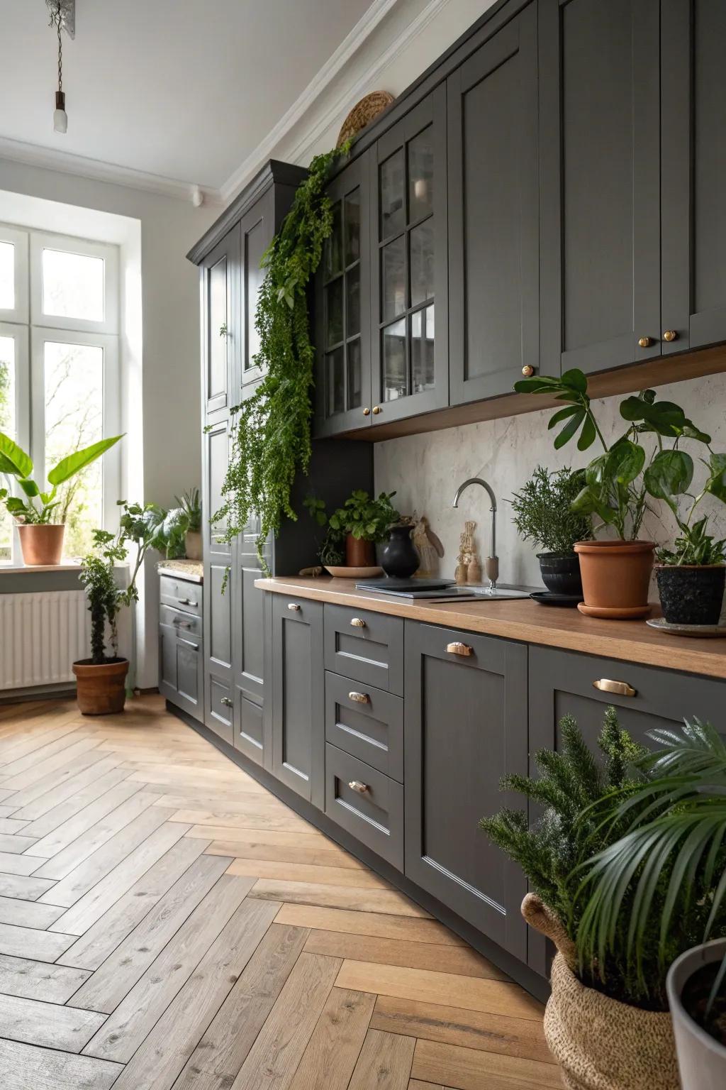 Natural elements complementing the dark gray cabinets for a welcoming atmosphere.