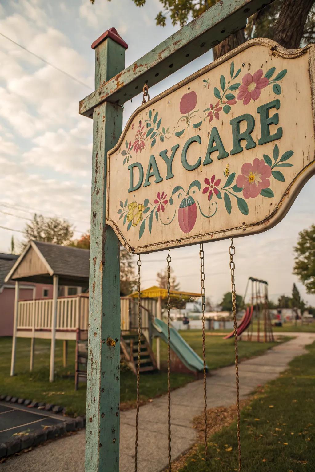 A vintage-inspired sign adds charm and character to the daycare entrance.