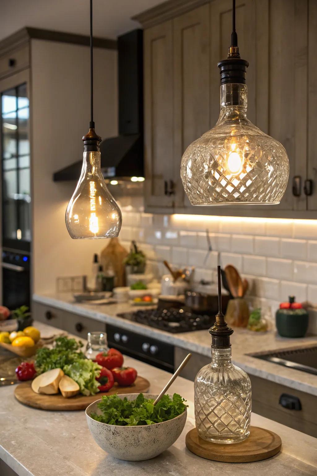 Unique pendant lights created from glass decanters.