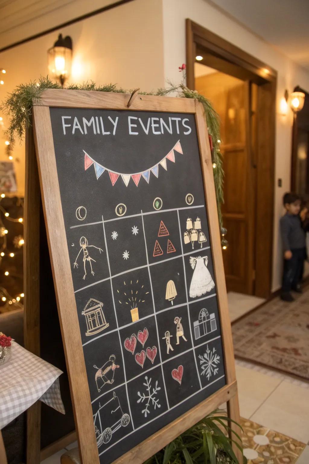 A personalized family event-themed chalkboard calendar.