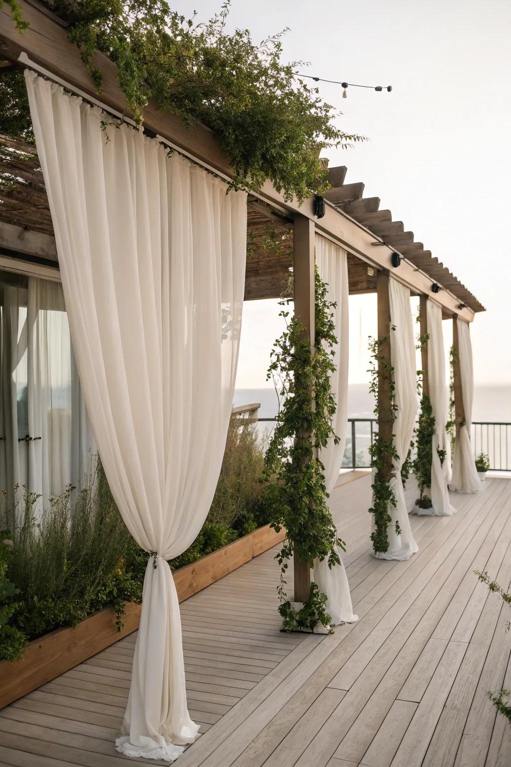 Curtains add elegance and privacy to a pergola on a deck.