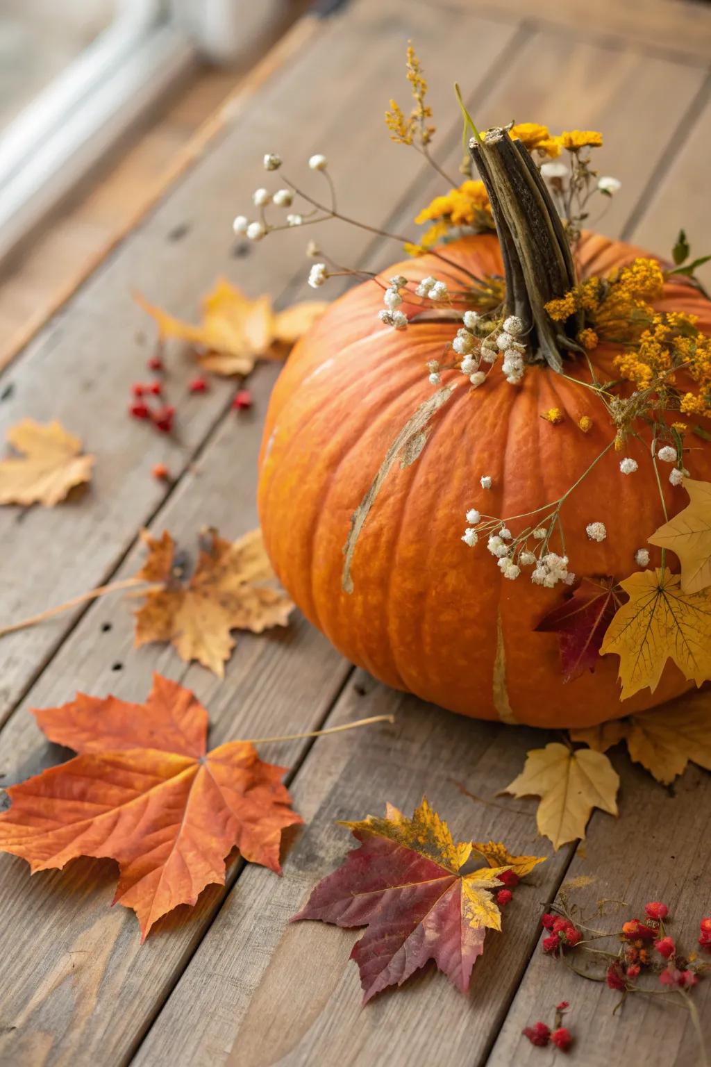 Embrace nature with a beautifully adorned pumpkin using leaves and flowers.