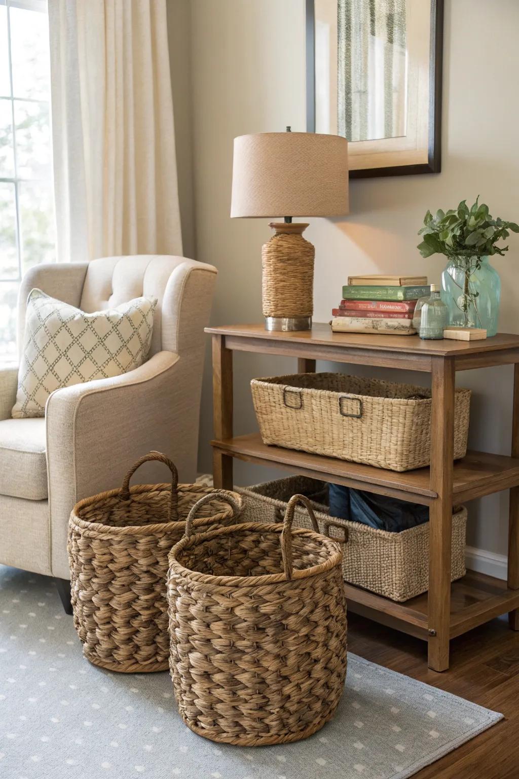 Decorative baskets offer stylish storage solutions.