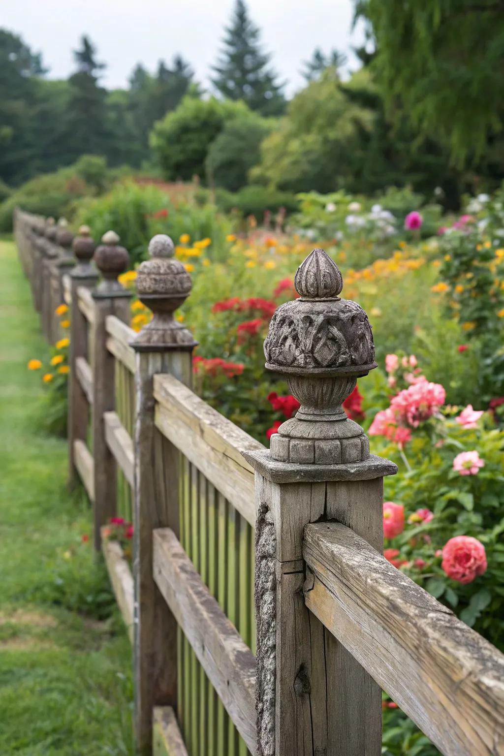 Decorative post caps enhance fence aesthetics.