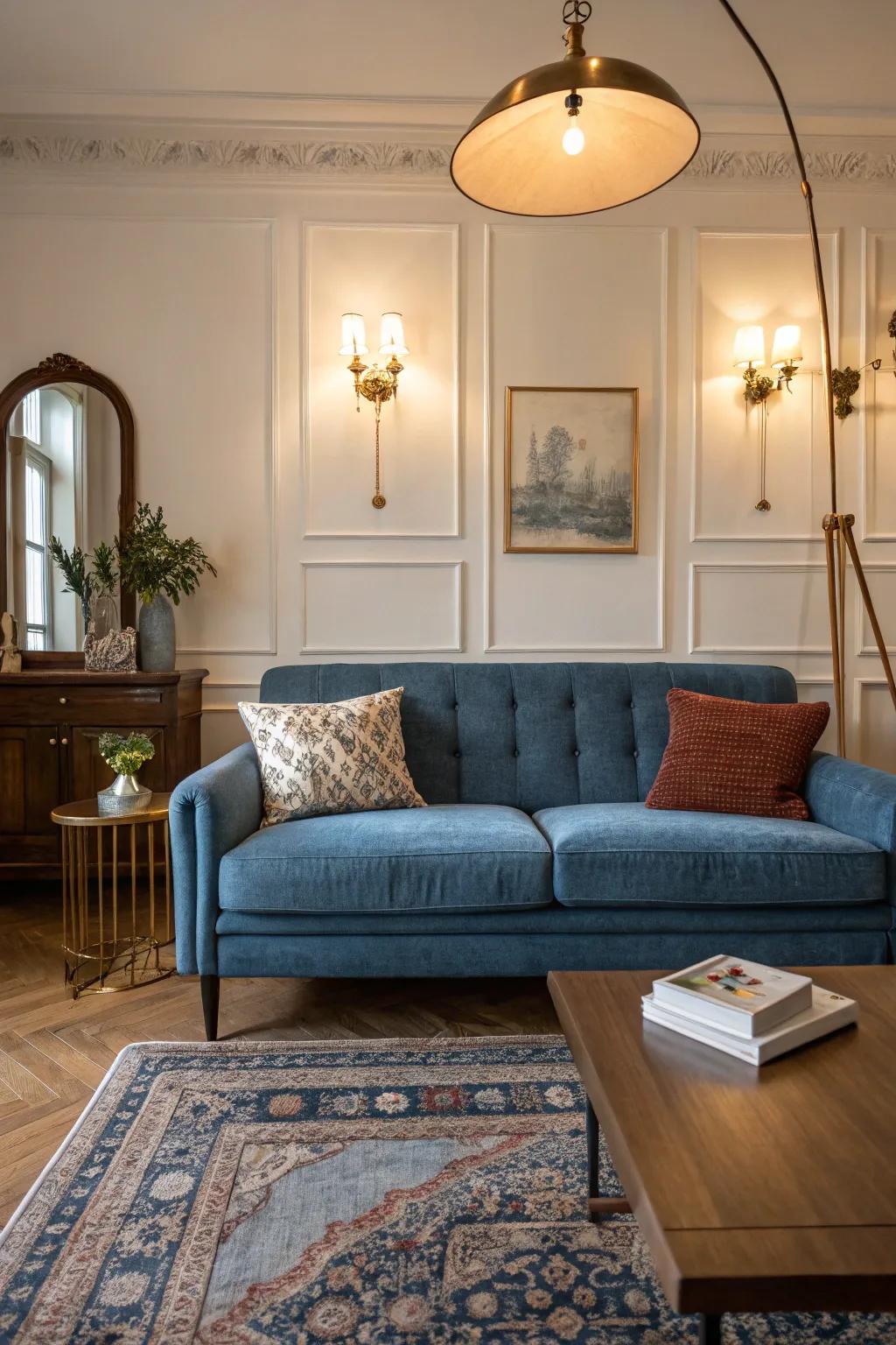 A blend of modern and classic elements around a denim blue sofa.