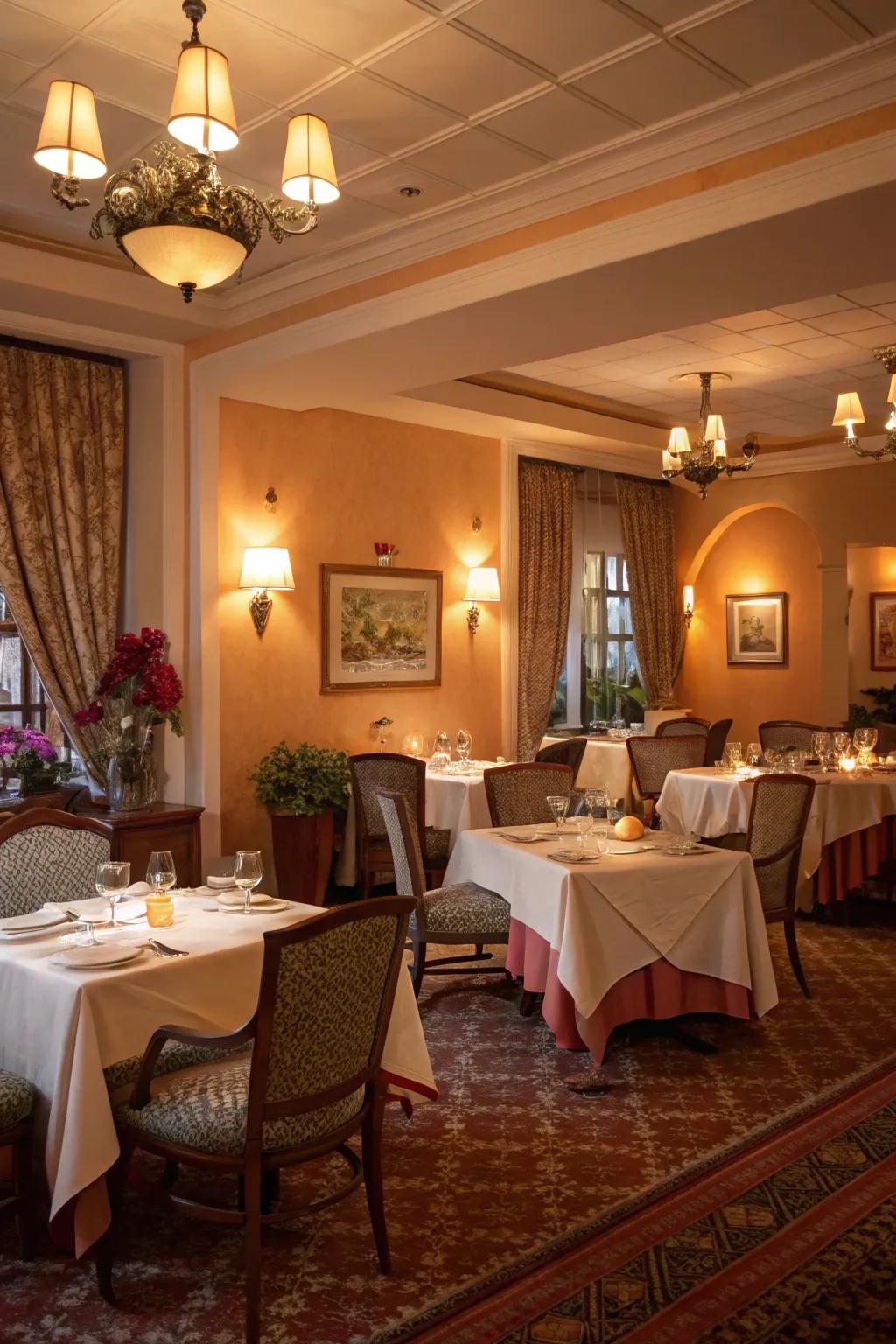 Warm lighting transforms this dining room into a cozy haven.