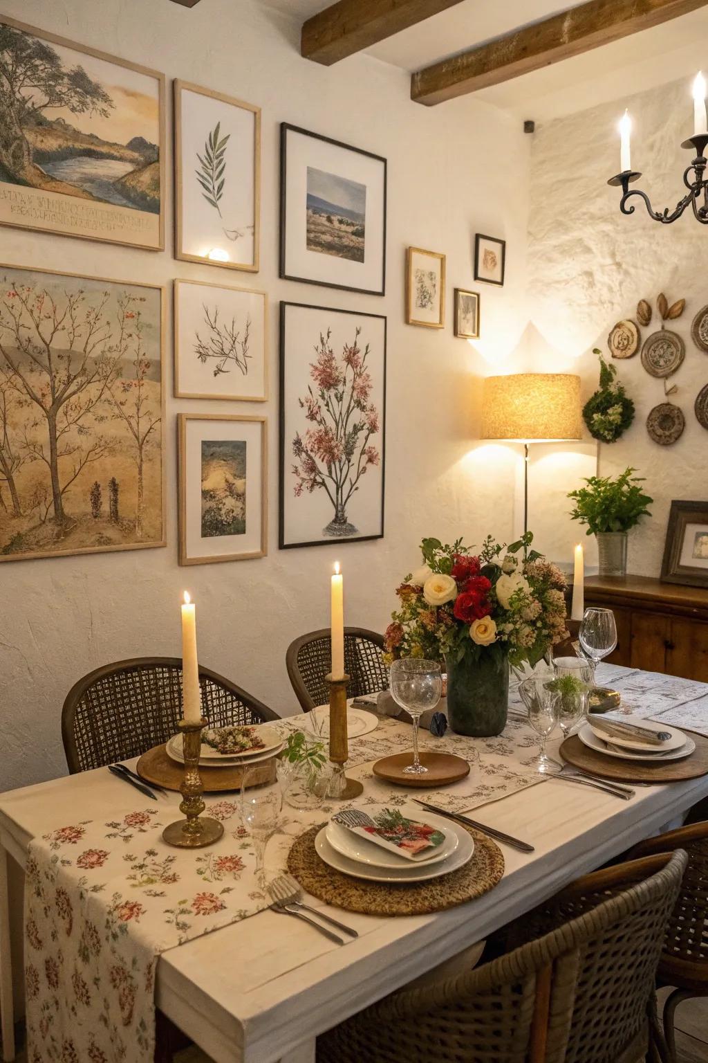 A dining area with wall art and decorative elements.