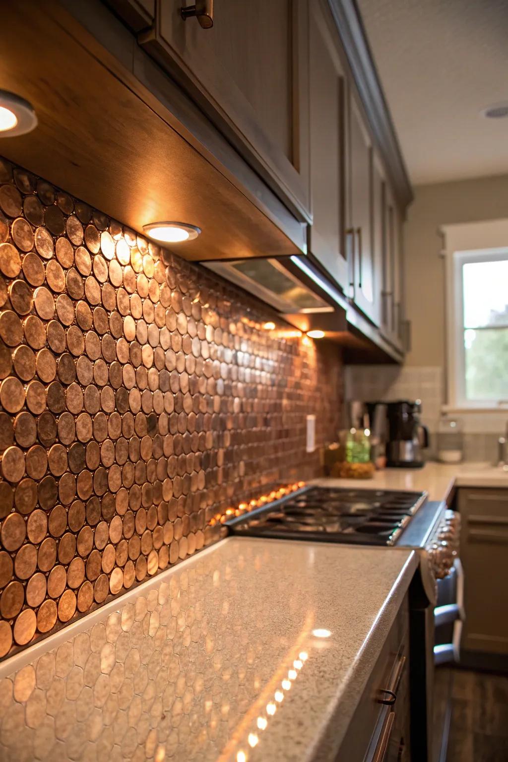 A penny backsplash brings a rich gleam and unique texture.