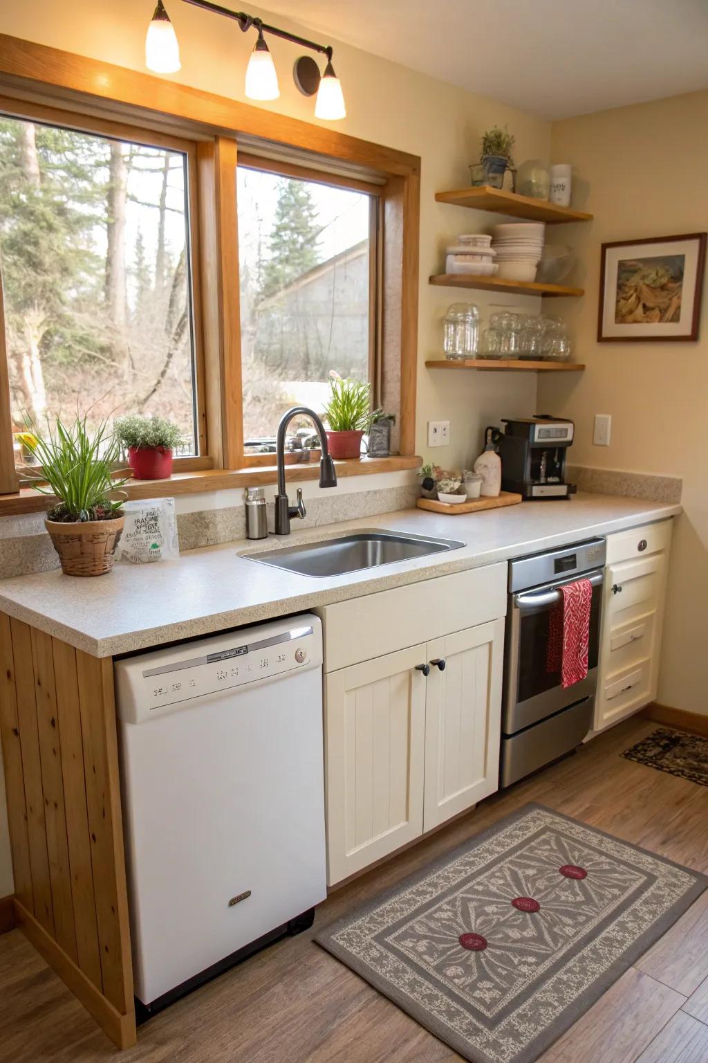 Multi-functional counter space with integrated dishwasher.