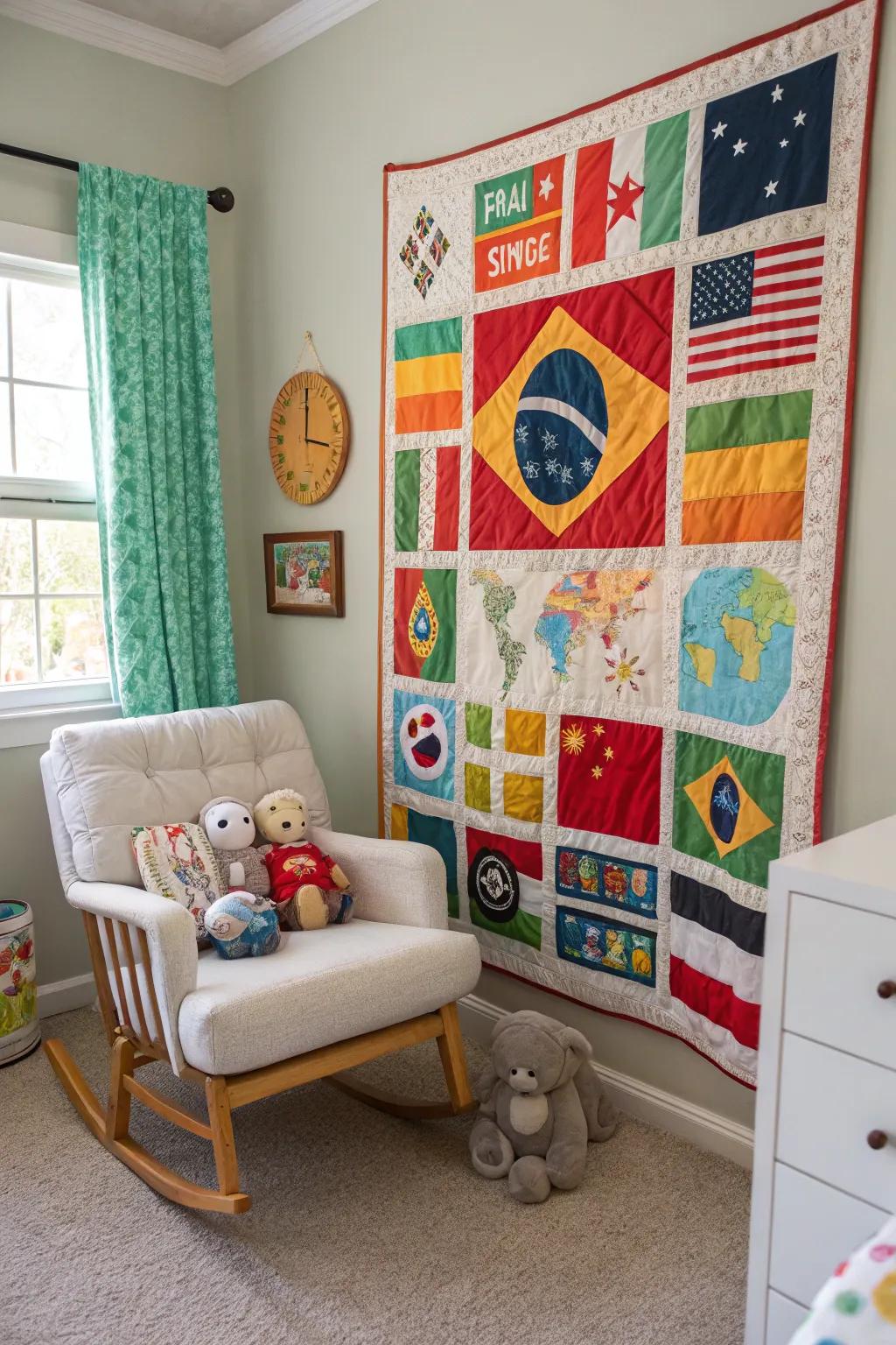 A colorful quilt celebrating cultural diversity in a nursery.