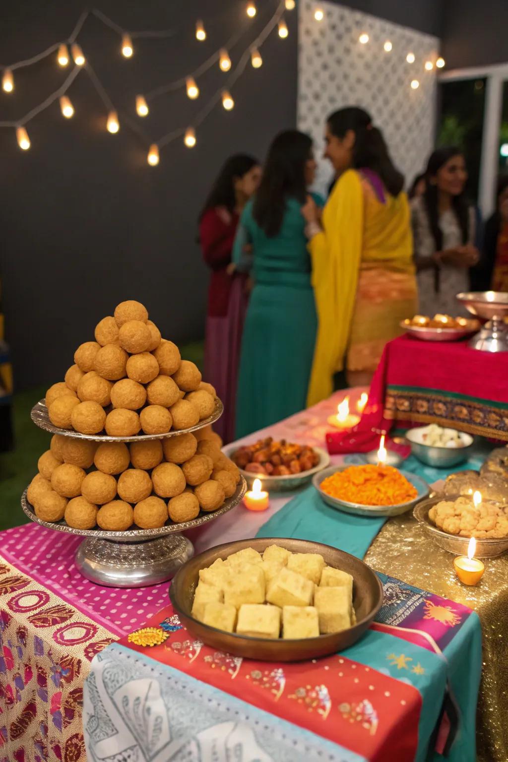 A tempting display of Diwali sweets as a festive photo backdrop.