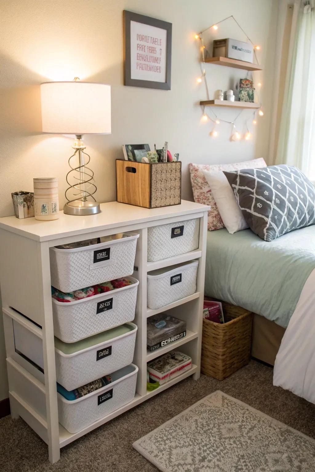 Storage bins offer a practical solution for keeping your dorm organized.