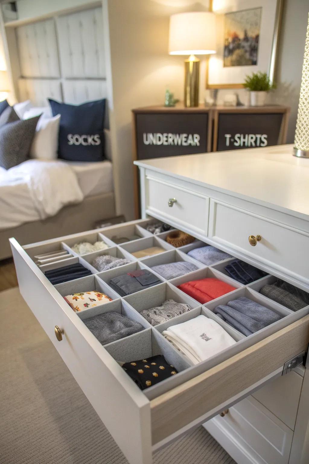 Labeled drawer sections for easy organization.