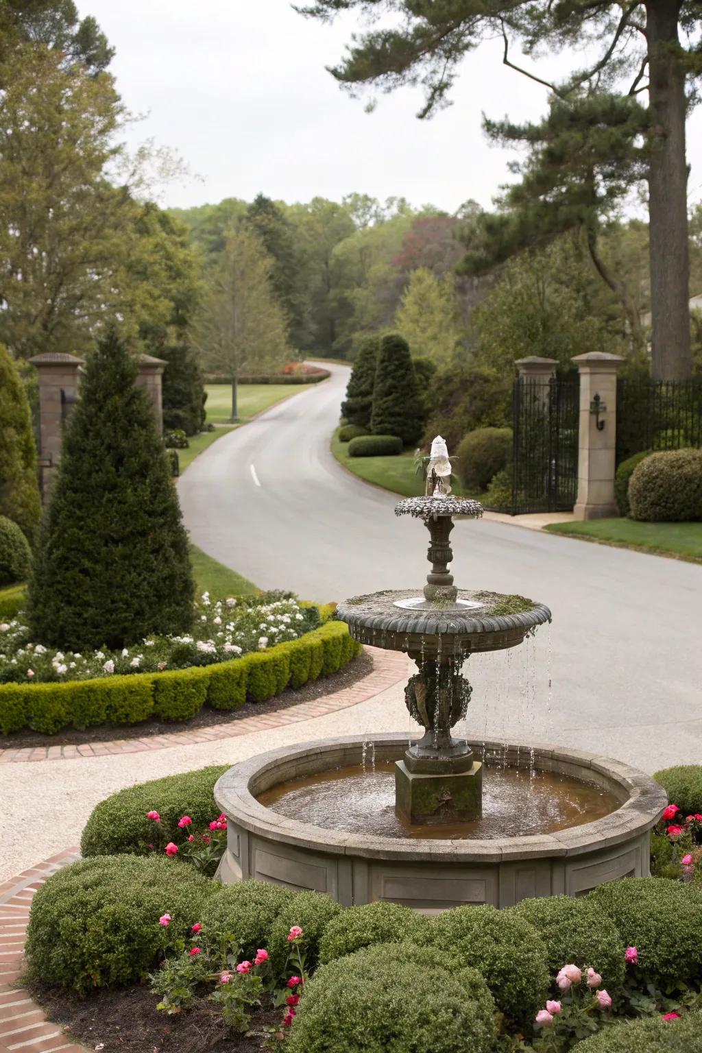 Tranquil water feature creating a soothing driveway ambiance.