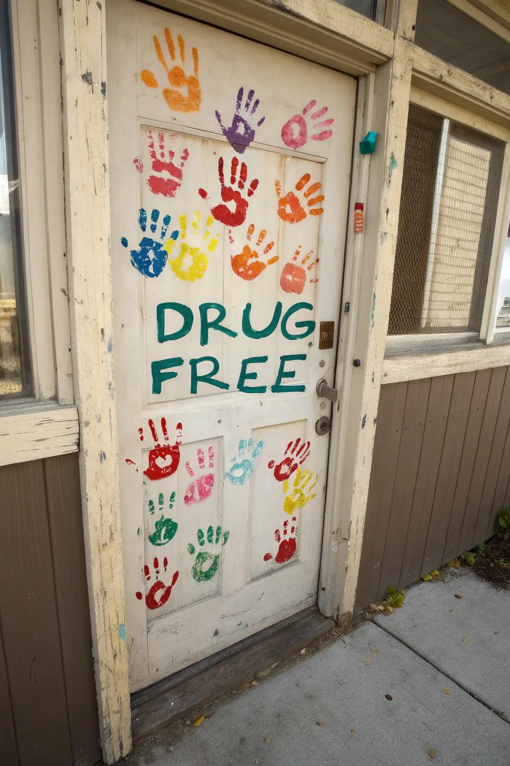 A handprint collage symbolizing unity and a drug-free life.