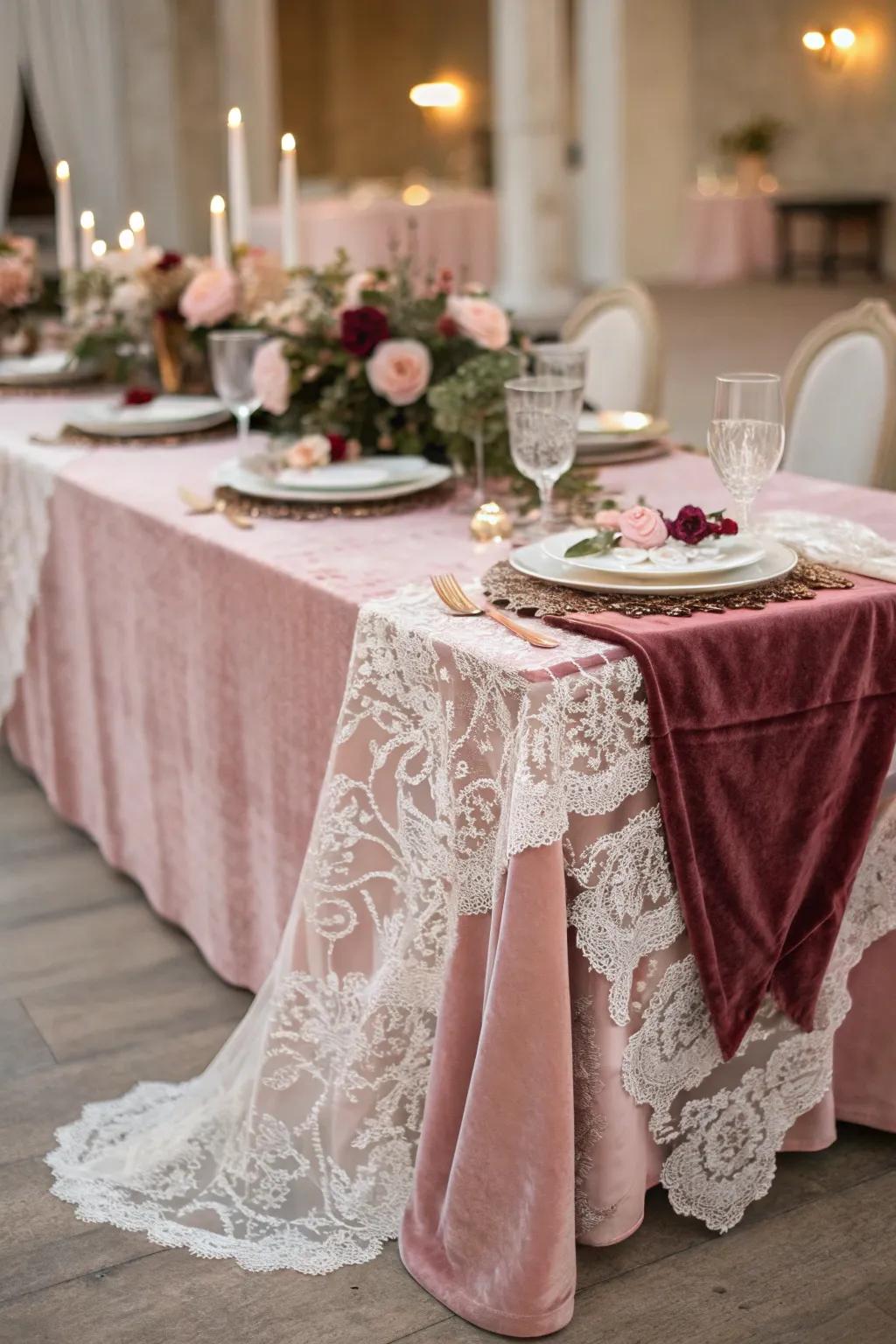 Luxurious lace and velvet in dusty rose.