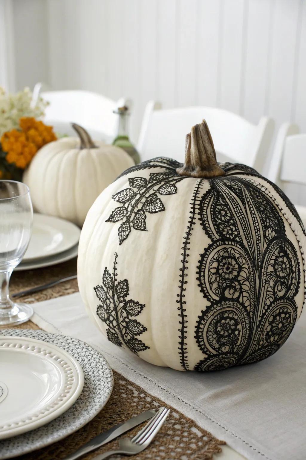 Lace patterns add a sophisticated touch to Halloween pumpkin decor.