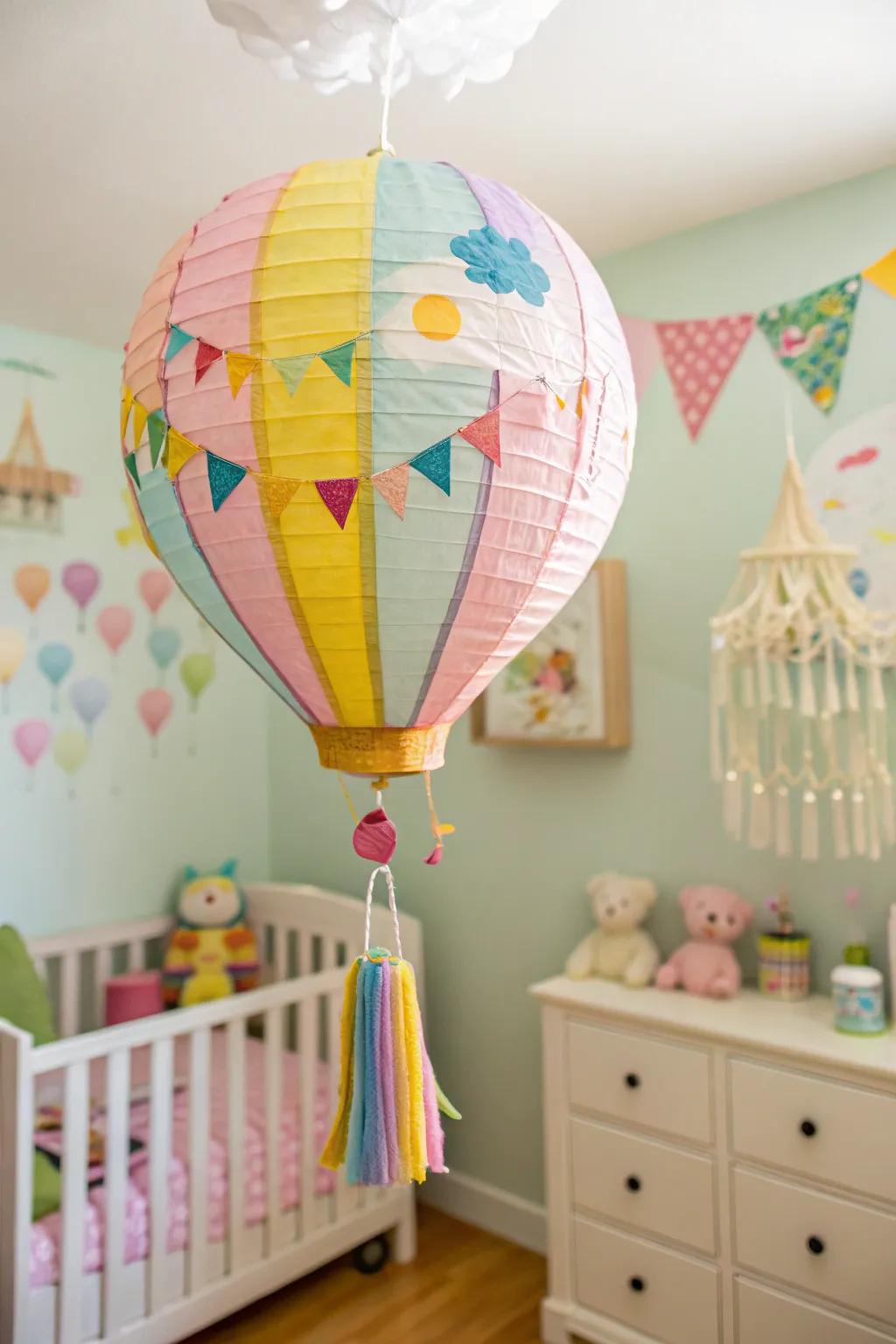 Paper plate hot air balloons adding whimsy to decor.