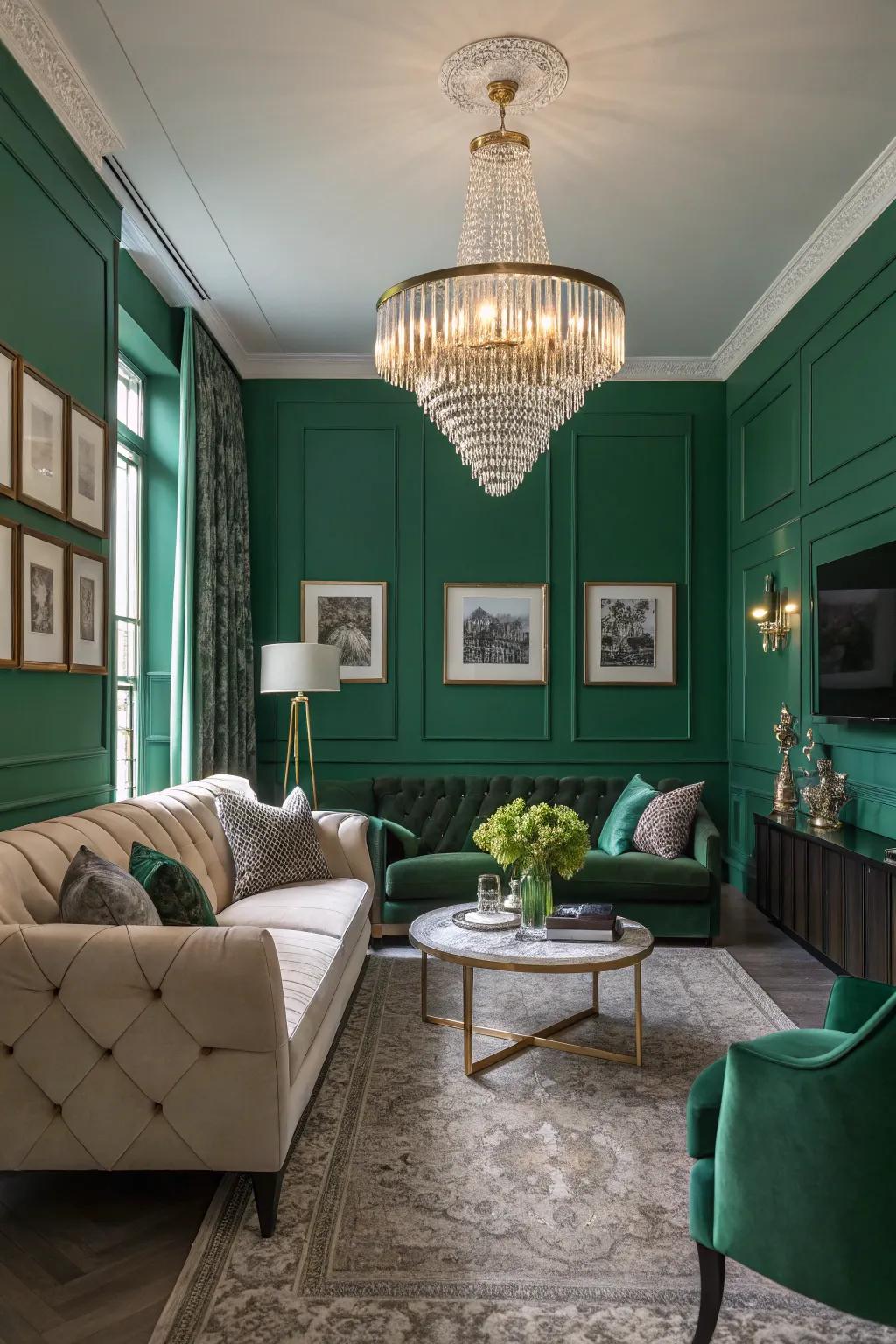 Chic lighting enhances the elegance of emerald green decor.