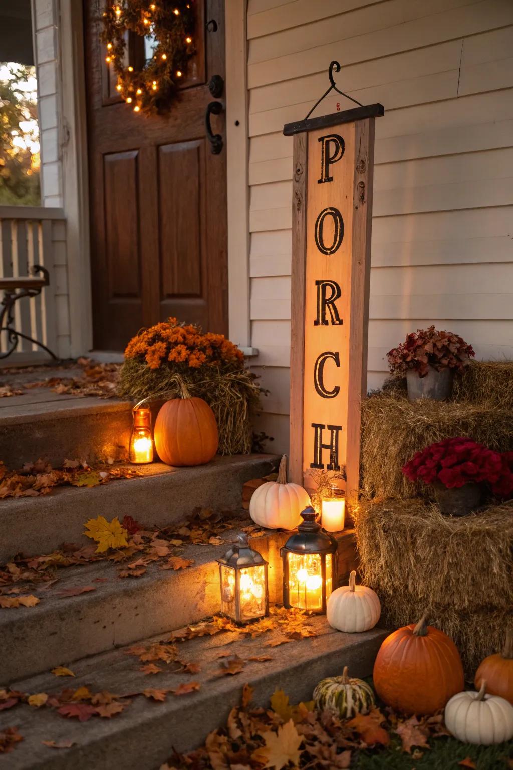 Create a warm evening glow with lanterns beside your porch sign.