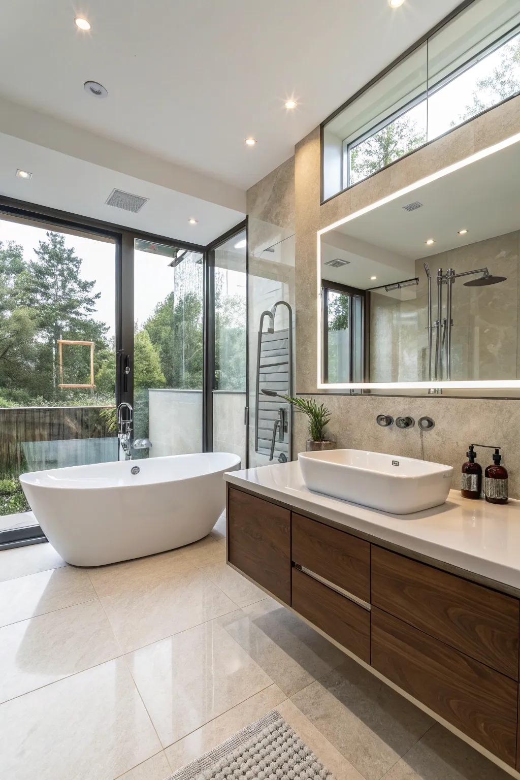 Modern fixtures add a contemporary touch to the bathroom.