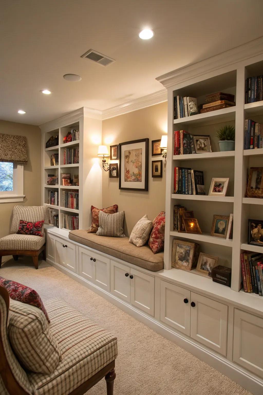 A family room with a charming mini library corner.