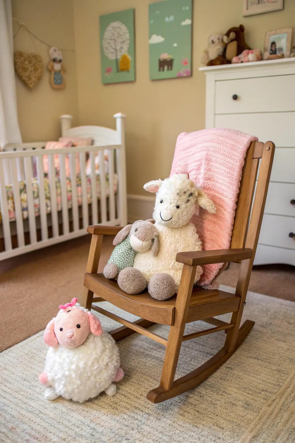 Plush toys bring warmth and comfort to a farm-themed space.