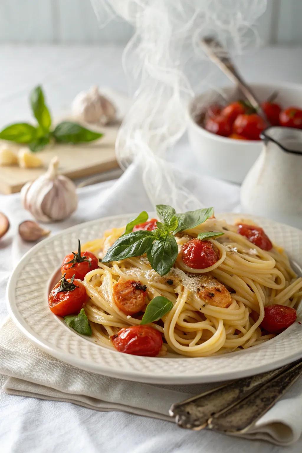 Roasted tomato and basil pasta, a classic comfort dish.