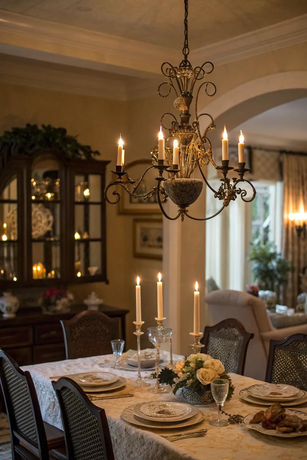 Candle-style chandeliers evoke a warm and intimate atmosphere.